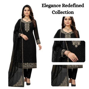 Elegant Black Georgette Embroidered Unstitched Suit Set with Heavy Border Dupatta